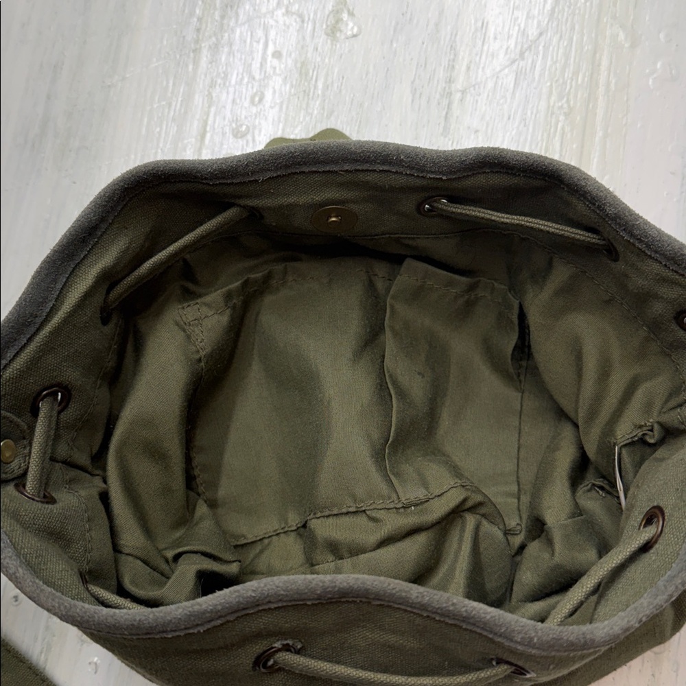 Indie Boho Gold Beaded Olive Leather/Canvas Crossbody Satchel Fringe Drawstring - Picture 12 of 14